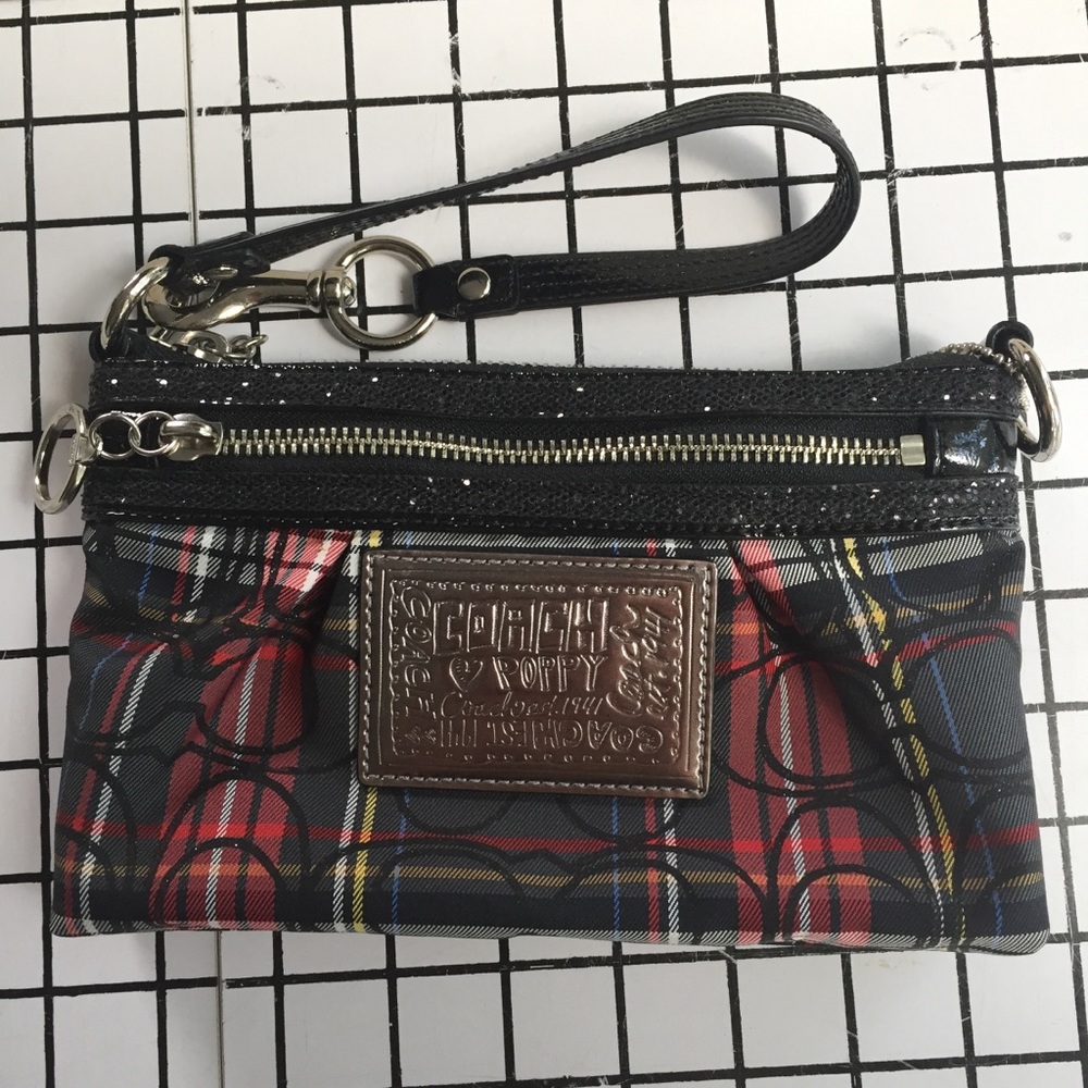 Coach poppy tartan plaid wristlet glitter BNIB